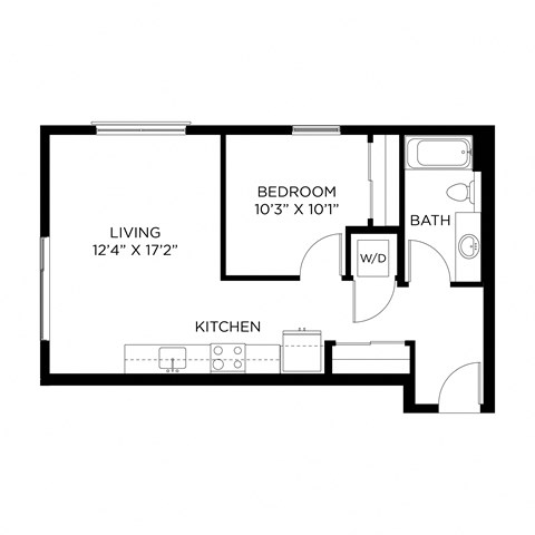 Floor plan for 1 bed, 1 bath, 611 sqft